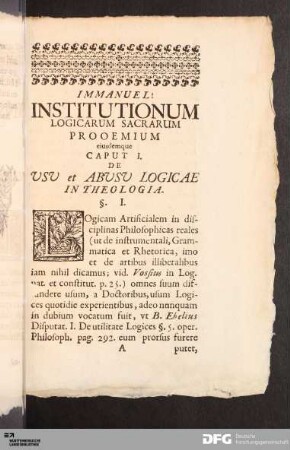 Immanuel Institutionum logicarum sacrarum prooemium eiusdemque [...]