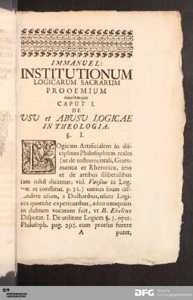 Immanuel Institutionum logicarum sacrarum prooemium eiusdemque [...]