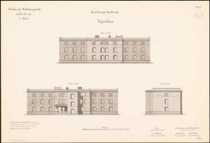 Neubau des Bekleidungsamtes des Gardecorps, Berlin: Lagerhaus: Hinteransicht Vorderansicht Giebelansicht 1:100