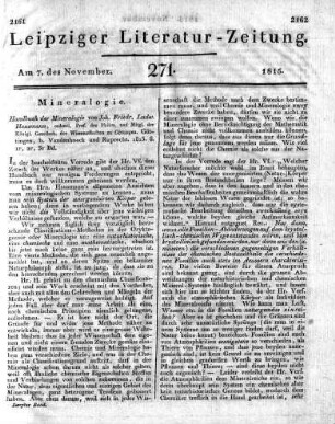 Handbuch der Mineralogie von Joh. Friedr. Ludw. Hausmann, ordentl. Prof. der Philos. und Mitgl. der Königl. Gesellsch. der Wissenschaften zu Göttingen. Göttingen, b. Vandenhoeck und Ruprecht. 1813. 8. 1r, 2r, 3r Bd.