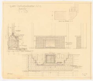 Haus Jansen, Berlin-Grunewald: Wohnzimmer, Kamin: Grundriss, Schnitt, Aufriss Vorder- und Seitenfront 1:10, vertikaler Schnitt Kaminplatte 1:1
