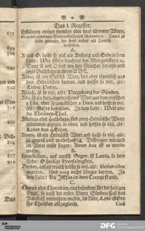 Das I. Register. Erklärung einiger fremden oder sonst schweren Worte, die in den gemeinen Kirchen-Gesängen fürkommen.