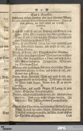 Das I. Register. Erklärung einiger fremden oder sonst schweren Worte, die in den gemeinen Kirchen-Gesängen fürkommen.
