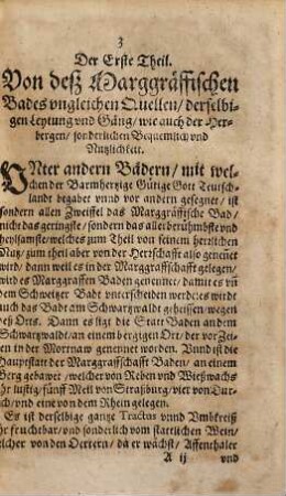 Natürliche Beschreibung/ und wolerfahrne Erkündigung/ deß Marggräffischen Bades : Darinnen desselbigen mancherley Quellen/ Kräfften und Würckungen ... begriffen werden ...