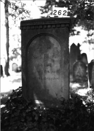 Grabstein 262 (Index: 100085139) Maße HxBxT: 138x57x28 cm Beschreibung: Stele, mit Aufsatz, Zahnfries, Schriftfeld eingetieft m. Rundbogenabschluß: Grabstein 262