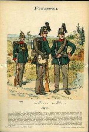 Uniformdarstellung, Gemeine verschiedener Jäger-Bataillone, Königreich Preußen, 1843/1854.