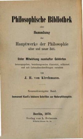 Immanuel Kant's kleinere Schriften zur Naturphilosophie, 1