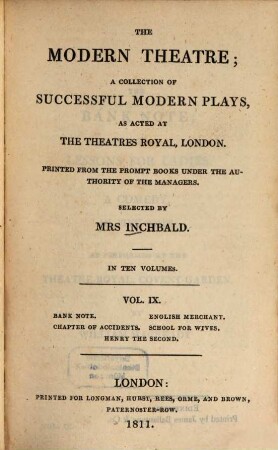 The modern theatre : a collection of successful modern plays, as acted at the theatres royal, London ; in ten volumes. 9, Bank note. English merchant. Chapter of accidents. School for wives. Henry the second