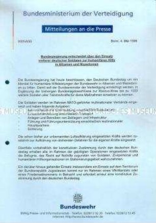 Pressemitteilung des Bundesministeriums der Verteidigung Nr. XXXVI/30 zur Teilnahme der Bundeswehr an humanitären Maßnahmen in Albanien und Mazedonien