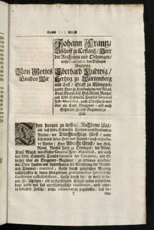 1r-2r, Von Gottes Gnaden Wir Johann Frantz, Bischoff zu Costantz, ...