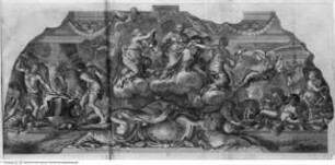 Aedes Barberinae ad Quirinalem. A Comite Hieronymo Tetio Perusino descriptae., Tafel [11]: Allegorie: Dignitas, Prudentia, Potestas, die Schmiede des Vulkan, Mansuetudo fesselt den Furor (Salone, linke Langseite des Deckenfreskos)
