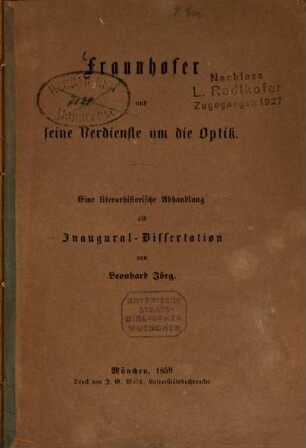 Fraunhofer und seine Verdienste um die Optik : Eine literarhistorische Abhandlung als Inaugural-Dissertation