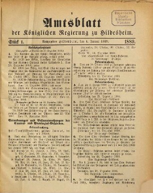 Amtsblatt für den Regierungsbezirk Hildesheim. 1889