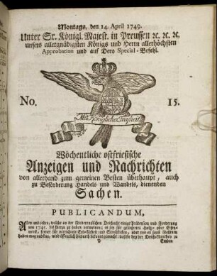 No. 15. Montags, den 14. April 1749.