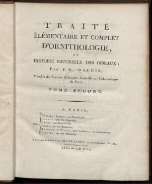 2,Taf: Traité élémentaire et complet d'ornithologie ou histoire naturelle des oiseaux. 2