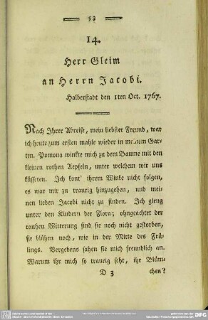 14. Herr Gleim an Herrn Jacobi. Halberstadt den 1ten Oct. 1767