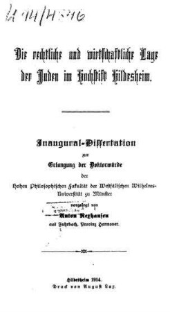 Die rechtliche und wirtschaftliche Lage der Juden im Hochstift Hildesheim / von Anton Rexhausen