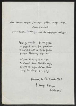 Brief von Walther Lampe an Gerhart Hauptmann