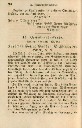14. Verfassungsurkunde (Reg.-Bl. von 1818, Nr. 18)