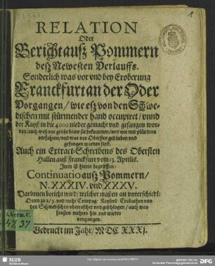 Relation oder Bericht auß Pommern deß newesten Verlauffs ...