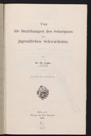 Über die Beziehungen des Sehorgans zum jugendlichen Schwachsinn