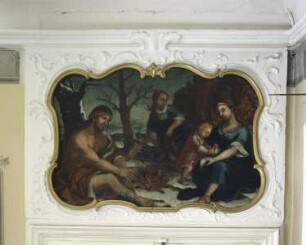 Allegorie des Winters. Ein Mann in einem kostbaren Pelzumhang (Gott Hiems?) und eine Frau mit zwei Kindern wärmen sich an einem Feuer.