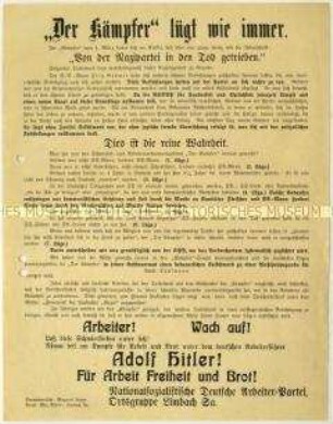 Flugblatt der NSDAP gegen die KPD-Zeitung "Der Kämpfer" und Aufruf zum Beitritt