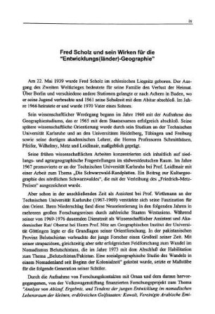 Fred Scholz und sein Wirken für die "Entwicklungs(länder)-Geographie"