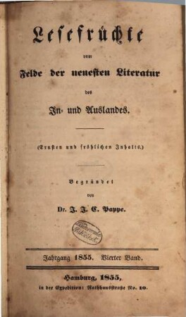 Lesefrüchte vom Felde der neuesten Literatur des In- und Auslandes. 1855,4, 1855,4
