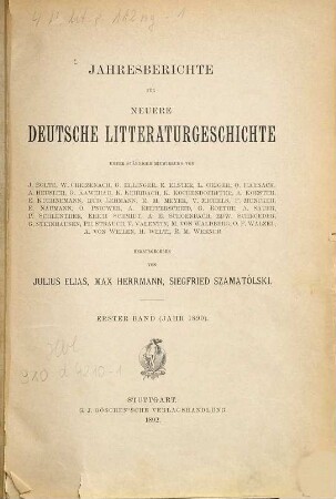 Jahresberichte für neuere deutsche Literaturgeschichte, 1. 1890 (1892)