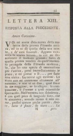 Lettera XIII. Risposta Alla Precedente