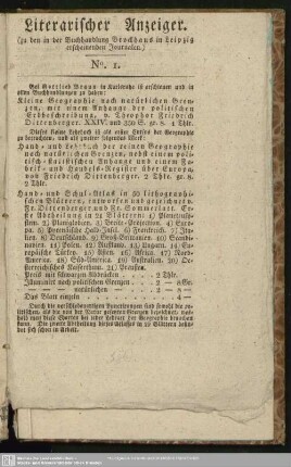 Literarischer Anzeiger. No. I