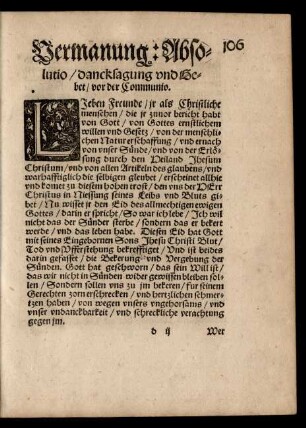 Vermanung: Absolutio/ Dancksagung und Gebet/ vor der Communio.