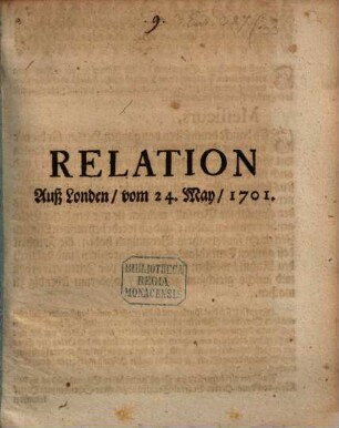 Relation auß Londen vom 24. May 1701