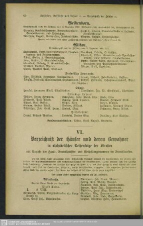 VI. Häuserbuch : VI. Verzeichniß der Häuser und derer Bewohner in alphabetischer Reihenfolge der Straßen