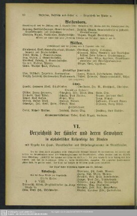 VI. Häuserbuch : VI. Verzeichniß der Häuser und derer Bewohner in alphabetischer Reihenfolge der Straßen