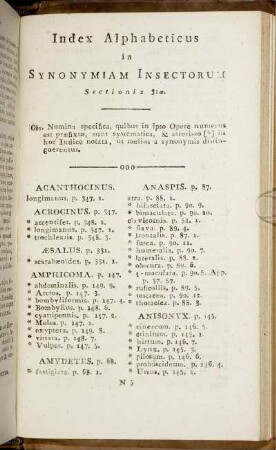 Index Alphabeticus in Synonymiam Insectorum. Sectionis 3:a.