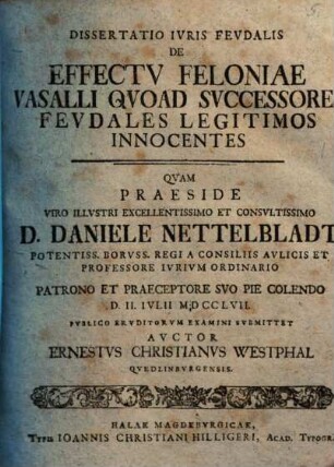 Diss. iur. feud. de effectu feloniae vasalli quoad successores feudales legitimos innocentes