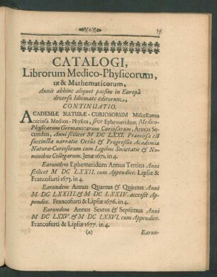 Catalogi, Librorum Medico-Physicorum, ut & Mathematicorum, Annis abhinc aliquot passim in Europa diverso Idiomate editorum, Continuatio.