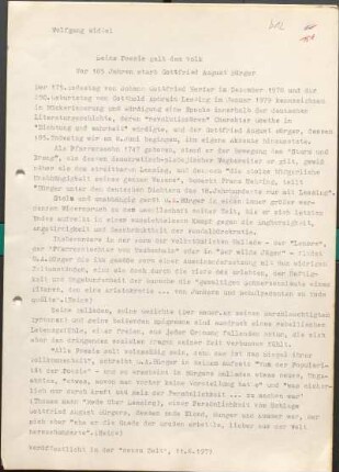 [W186]: Seine Poesie galt dem Volke : Vor 185 Jahren starb Gottfried August Bürger