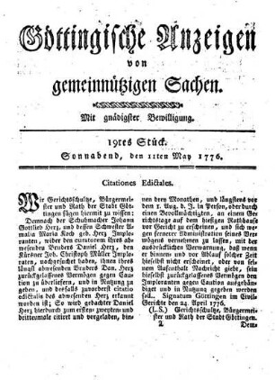 19tes Stück. Sonnabend, den 11ten May 1776.