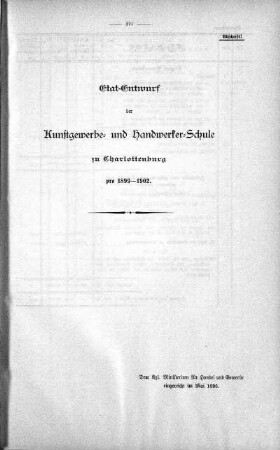 Etat-Entwurf der Kunstgewerbe- und Handwerker-Schule.