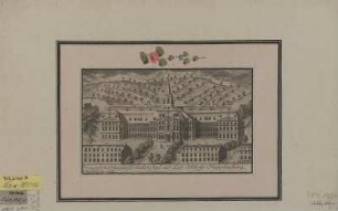 Ansicht von Schloss Hubertusburg bei Wermsdorf, Kupferstich, vor 1782 : Prospect, des Churfürstl. Saechs. Jagd und Lust Schlosses Hubertus Burg / F. G. Schlitterlau sculp. - [Dresden] , [vor 1782]. - 1 Kunstbl. : Kupferstich ; 20 x 11 cm