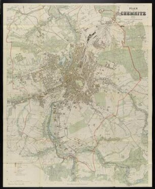 Plan von Chemnitz , 1: 10 000, Lithographie, 1915 : Plan von Chemnitz / bearb. v. Stadtvermessungsamt. - 14. Aufl. - 1:10 000. - Leipzig : Giesecke u. Devrient, 1915. - 1 Kt. : mehrfarb. Lithogr. ; 87 x 109 cm +++ Mit Straßenverz. und Gebäudekennung