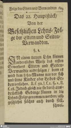 Das 22. Hauptstück, Von der Gesetzlichen Lehns-Folge der Eltern und Seiten-Verwandten