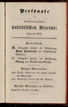 Personale des mecklenburgischen patriotischen Vereins Johannis 1839