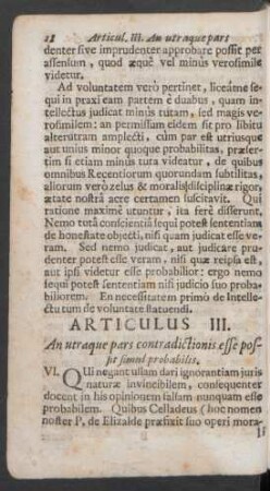 Articulus III. An utraque pars contradictionis esse possit simul probabilis.