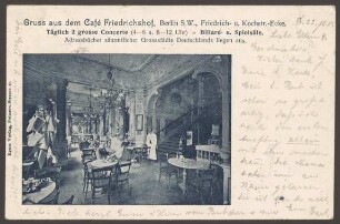 Ansichtskarte „Gruss aus dem Café Friedrichshof“, Friedrichstraße Ecke Kochstraße [1/2]