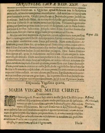 Disputatio Vigesima quarta, De Maria Virgine Matre Christi.