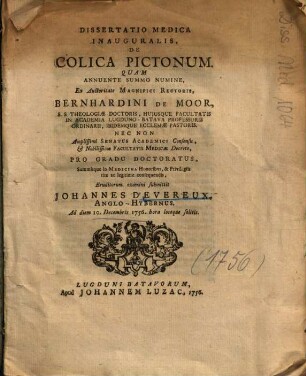 Dissertatio Medica Inauguralis, De Colica Pictonum